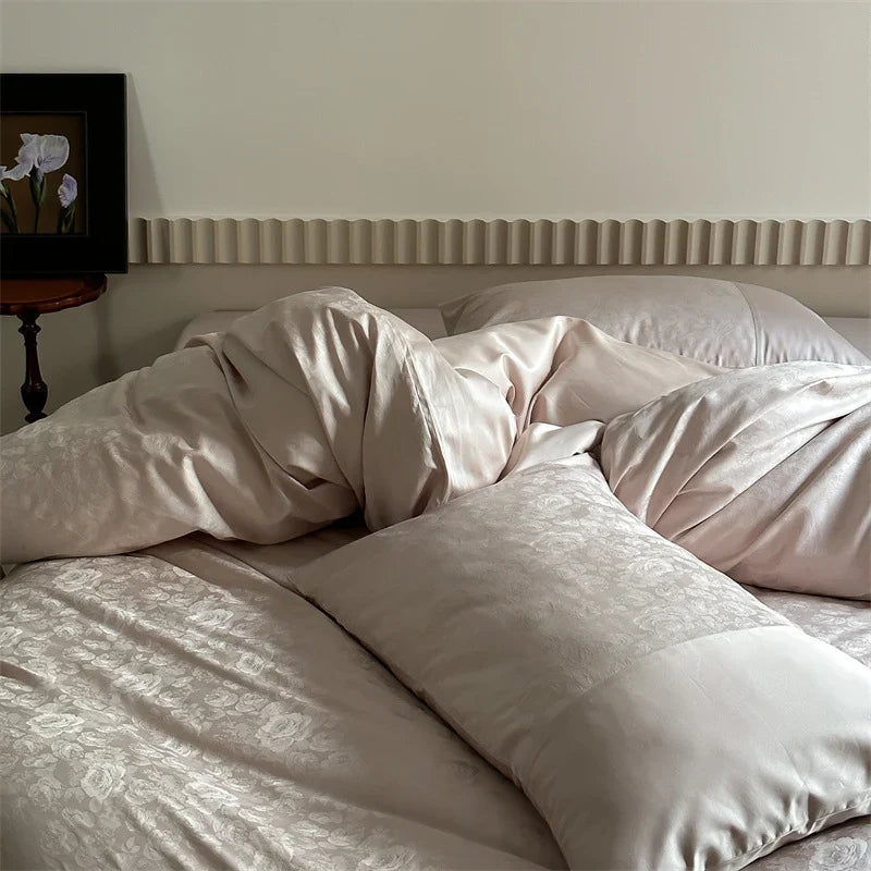 Duvet Cover Set Jacquard Satin Floral & Stripe 4-Piece