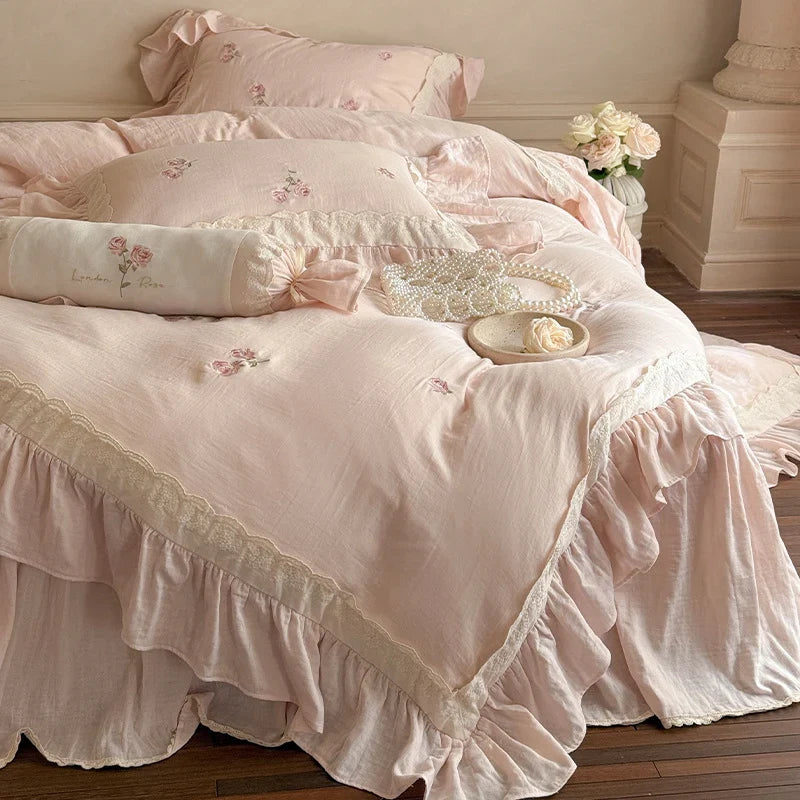 Duvet Cover Set Linen-Cotton Breathable Floral Embroidery
