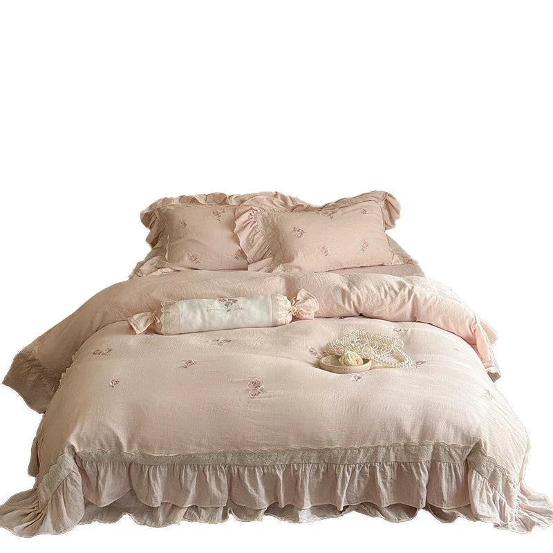 Duvet Cover Set Linen-Cotton Breathable Floral Embroidery