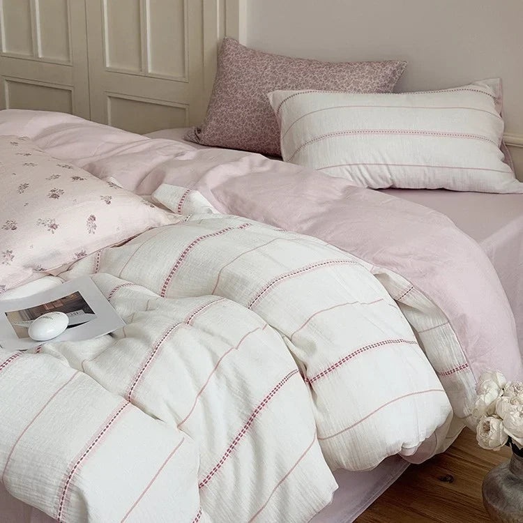 Duvet Cover Set Linen-Cotton Breathable Reversible 4-Piece