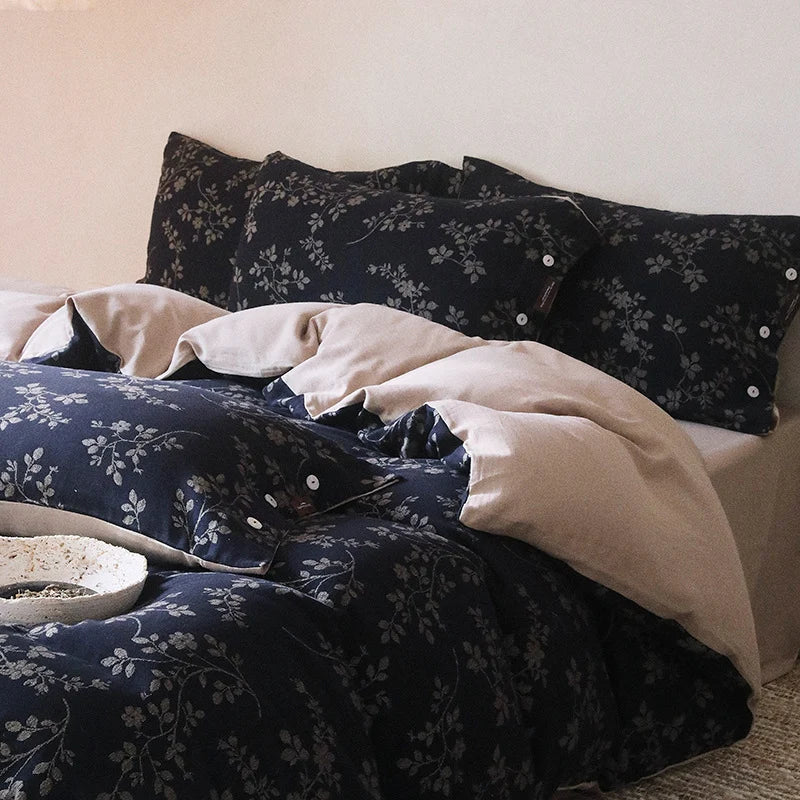 Duvet Cover Set Linen-Cotton Reversible Floral Set of 4