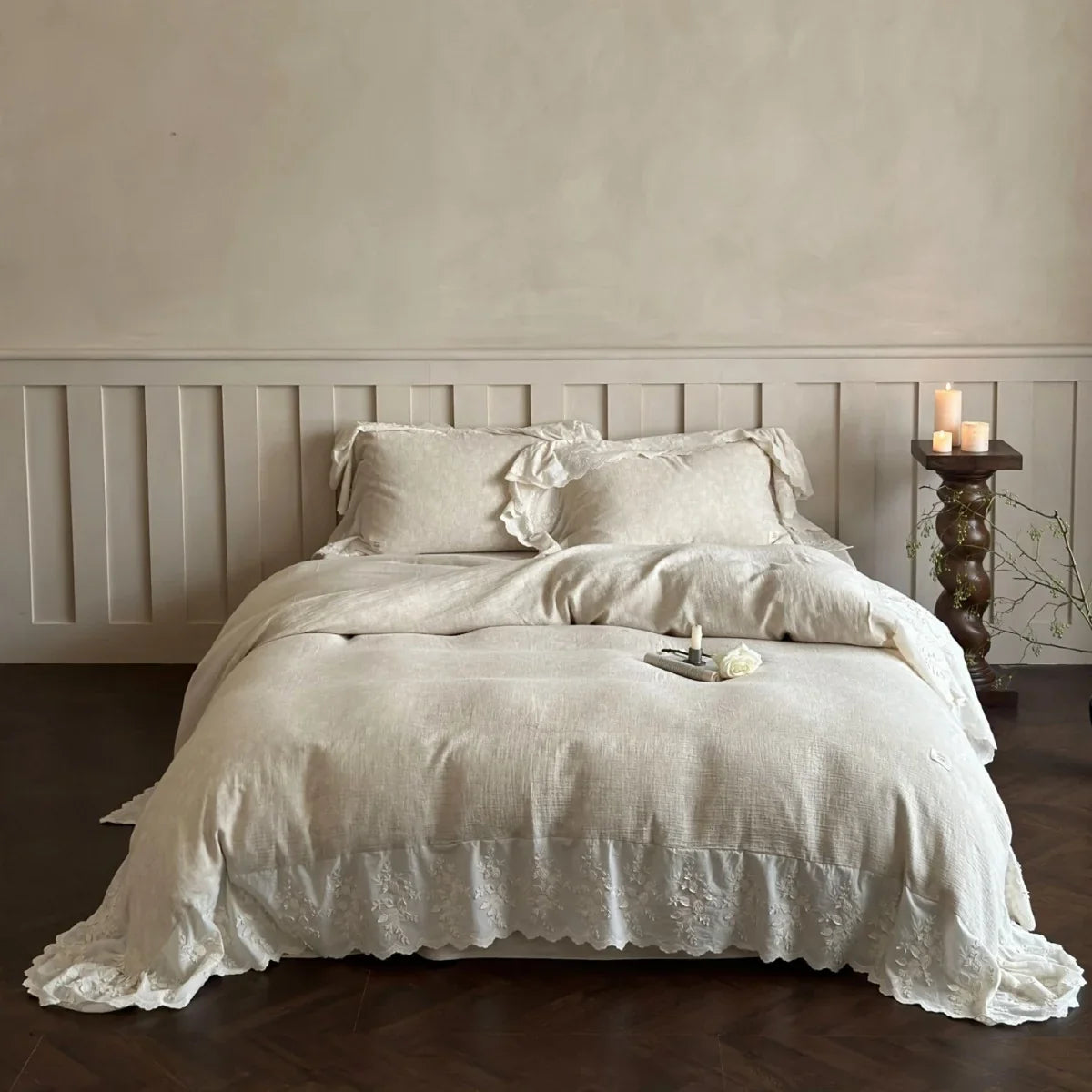 Duvet Cover Set Linen-Cotton Temperature-Regulating Embroidered Lace