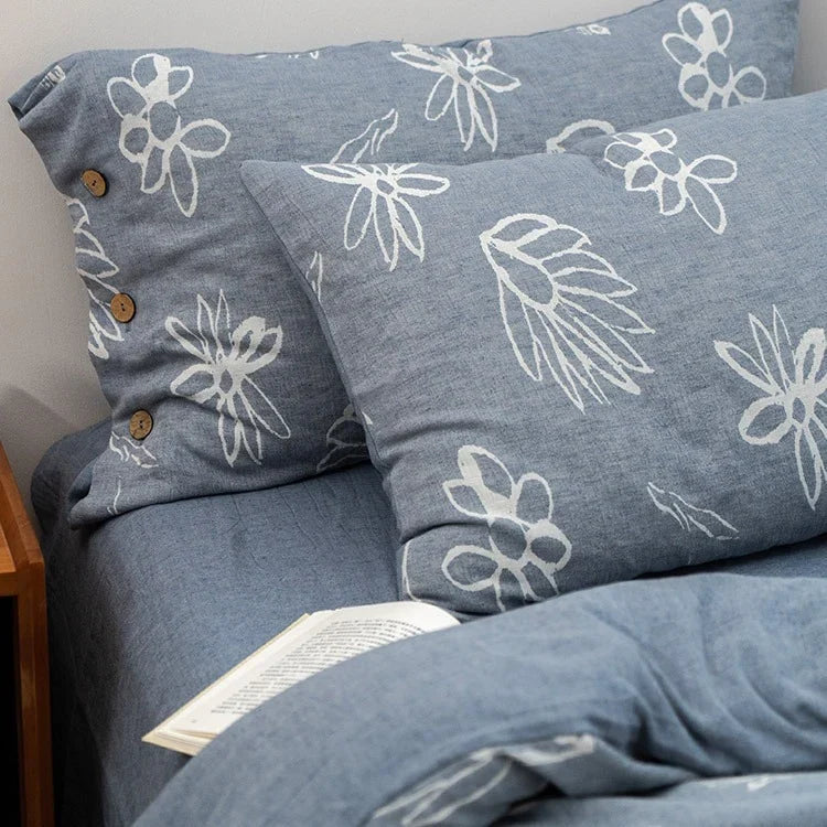 Duvet Cover Set Linen-Look Cotton Blend Wooden Button Closure