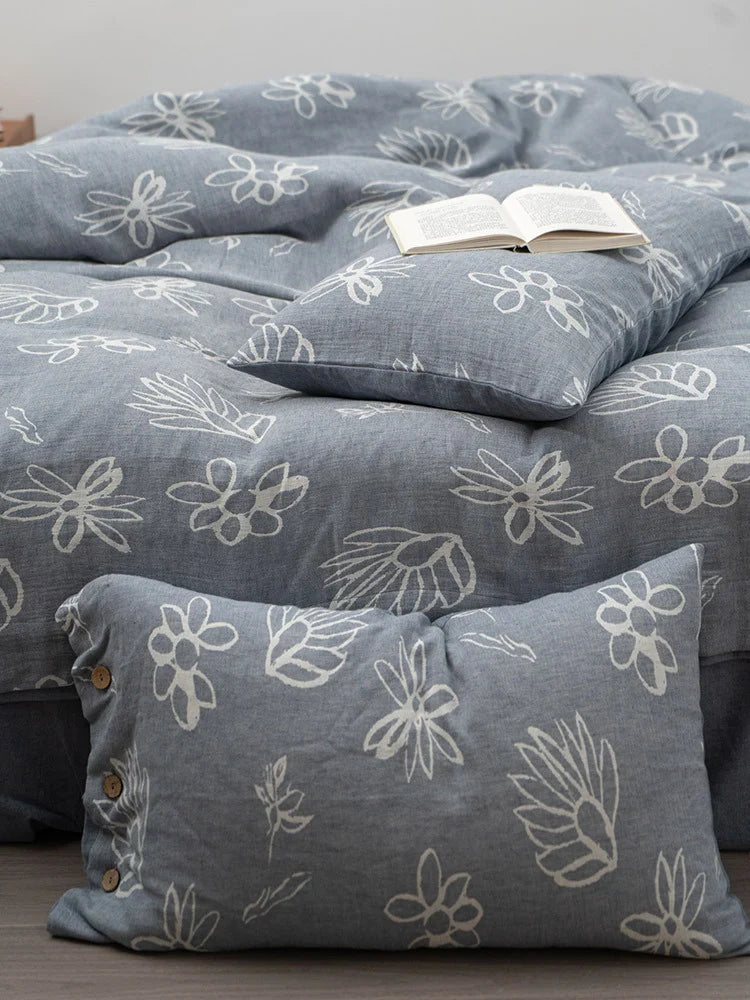 Duvet Cover Set Linen-Look Cotton Blend Wooden Button Closure