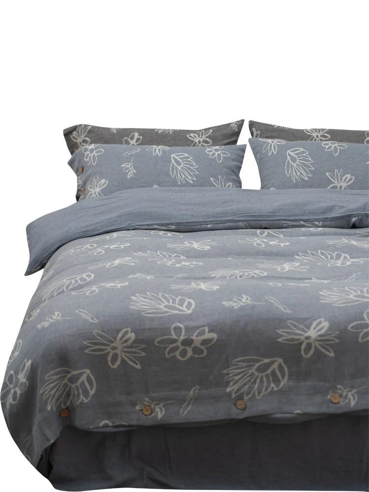 Duvet Cover Set Linen-Look Cotton Blend Wooden Button Closure