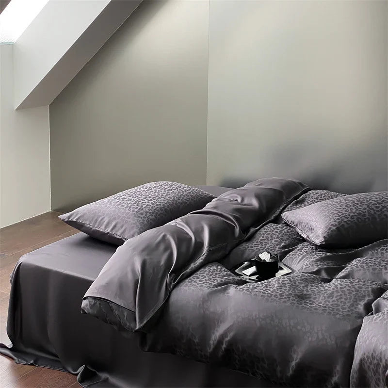 Duvet Cover Set Lyocell Satin Jacquard Leopard Pattern