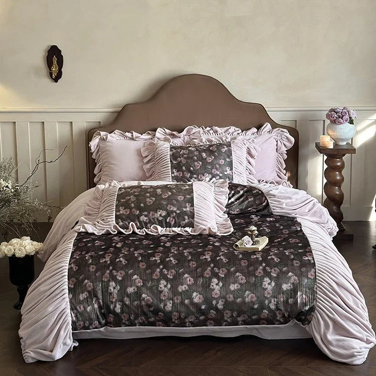 Duvet Cover Set Microfiber Velvet 4-Piece Ruffled Flounce
