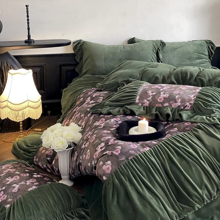Duvet Cover Set Microfiber Velvet 4-Piece Ruffled Flounce