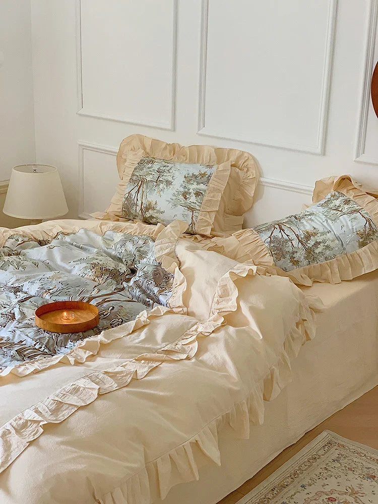Duvet Cover Set Muslin-Look Cotton Blend Ruffled Edges