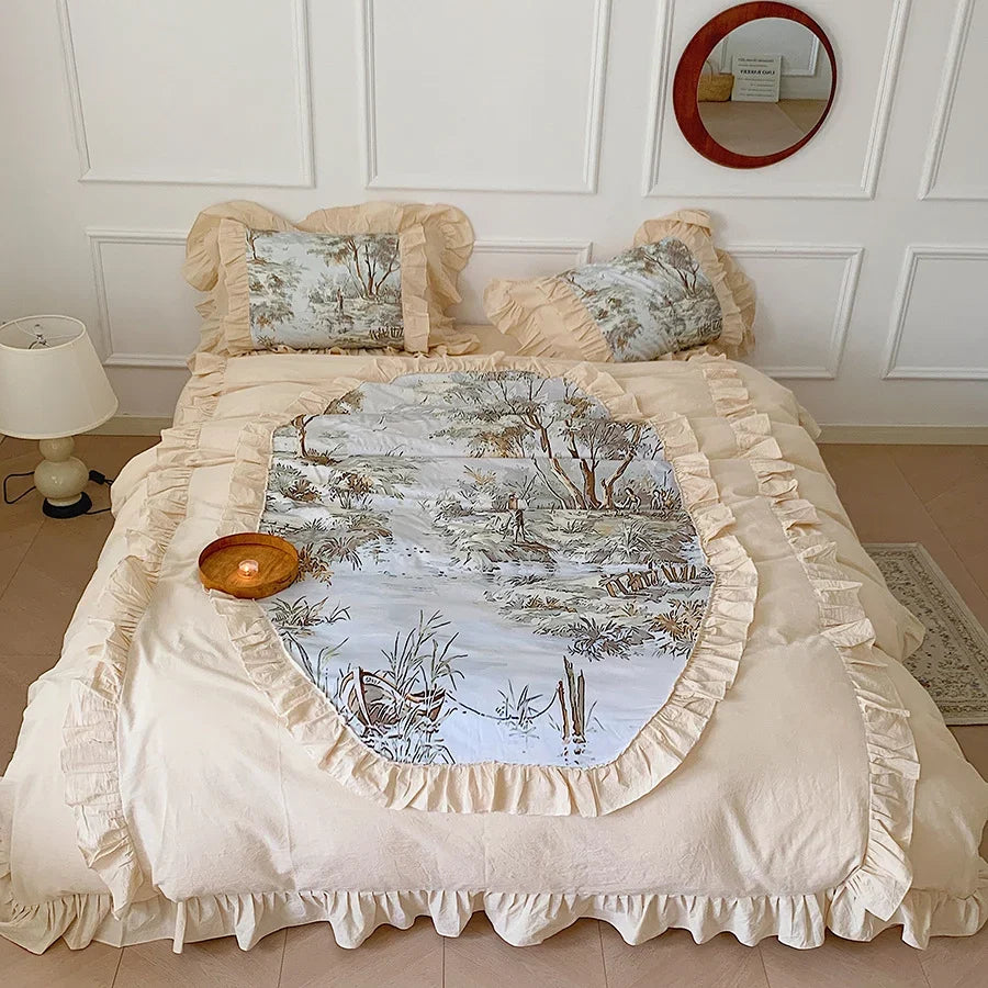 Duvet Cover Set Muslin-Look Cotton Blend Ruffled Edges