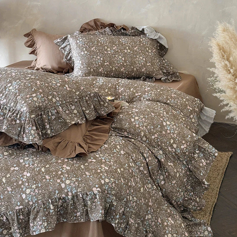 Duvet Cover Set Quilted Floral Ruffle Trim 4-Piece