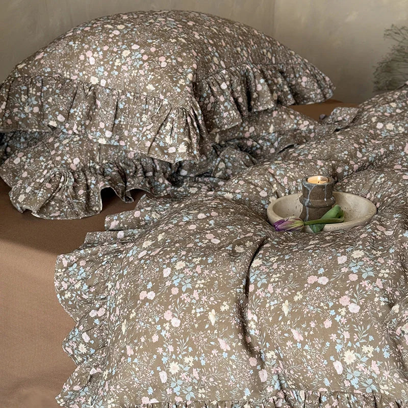 Duvet Cover Set Quilted Floral Ruffle Trim 4-Piece