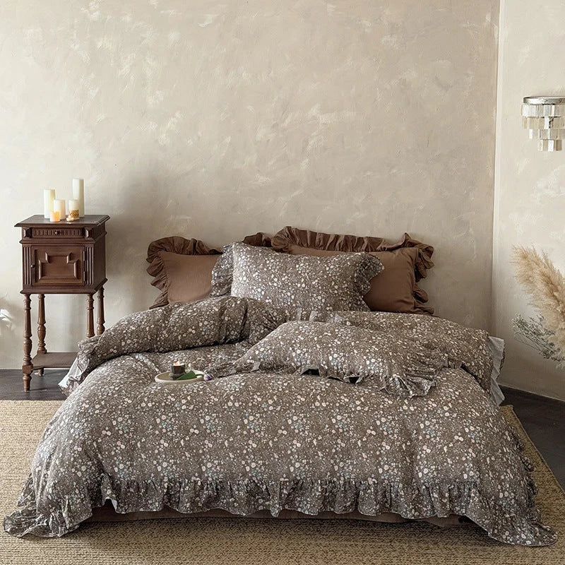 Duvet Cover Set Quilted Floral Ruffle Trim 4-Piece