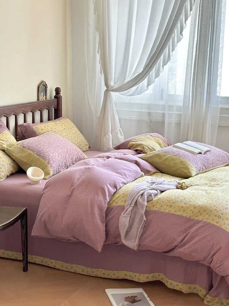 Duvet Cover Set Reversible Cotton Blend Bow Trim