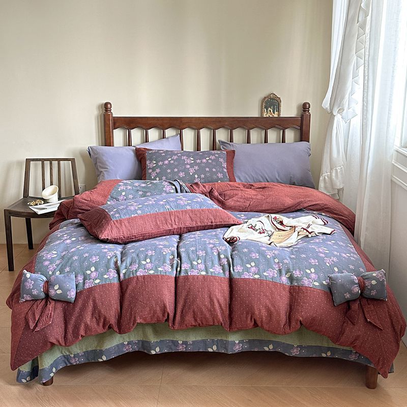 Duvet Cover Set Reversible Cotton Blend Bow Trim