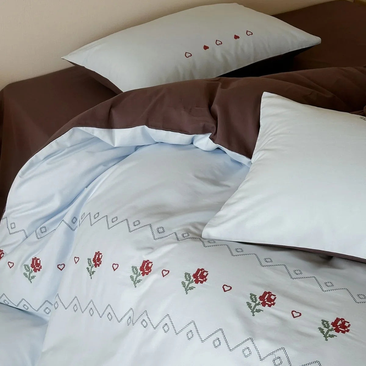 Duvet Cover Set Reversible Cotton Percale Rose Embroidery 4-Piece