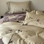 Duvet Cover Set Reversible Cotton Satin Embroidered 4-Piece