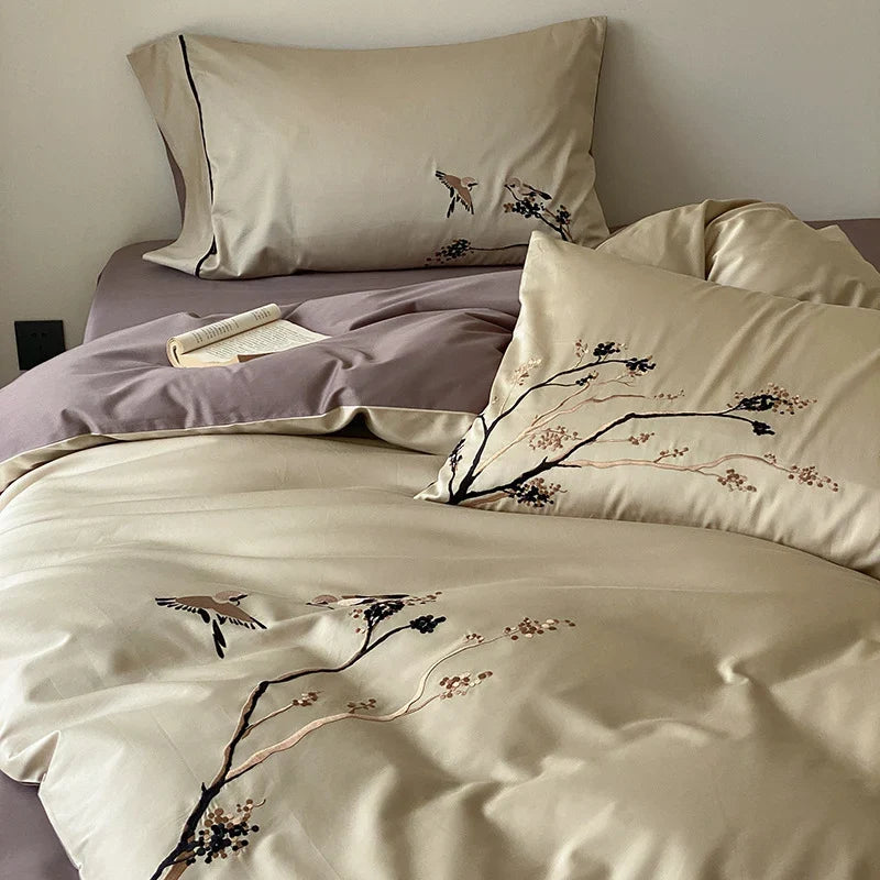 Duvet Cover Set Reversible Cotton Satin Embroidered 4-Piece