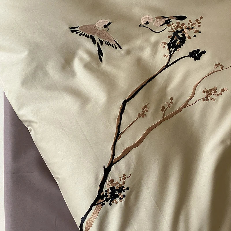 Duvet Cover Set Reversible Cotton Satin Embroidered 4-Piece
