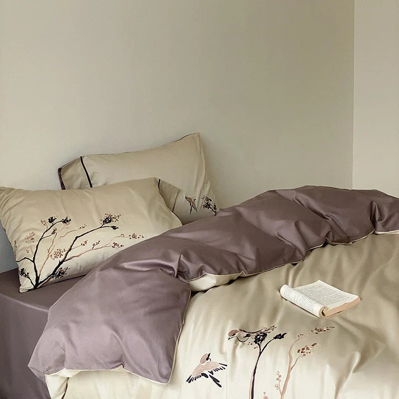 Duvet Cover Set Reversible Cotton Satin Embroidered 4-Piece