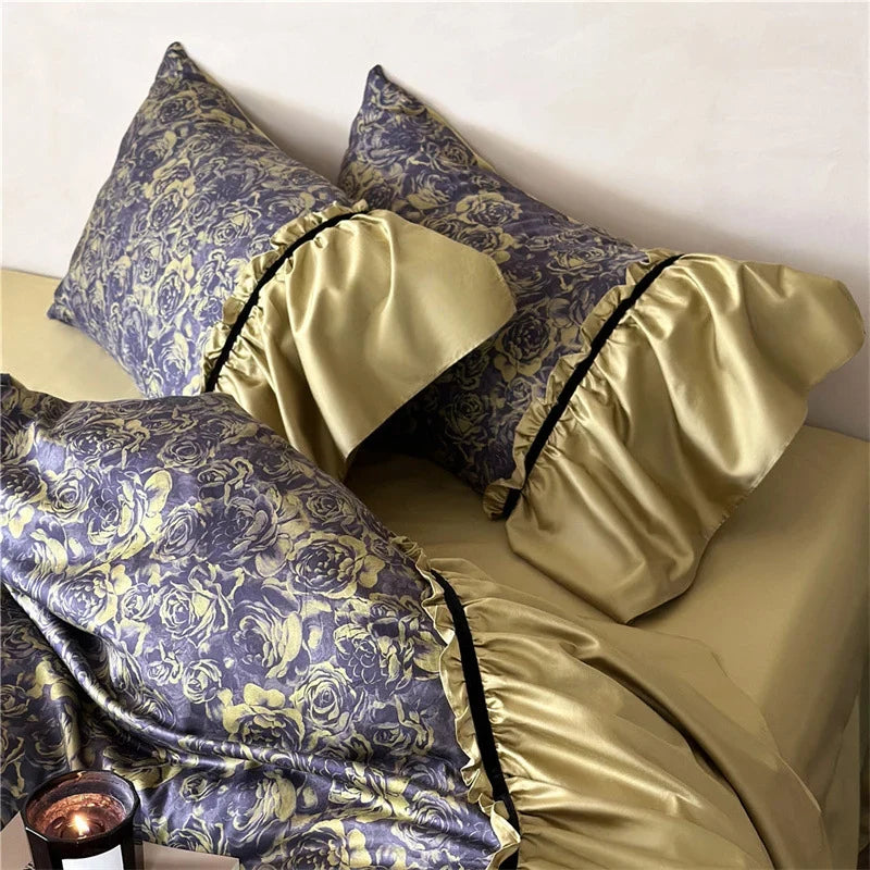 Duvet Cover Set Reversible Floral Jacquard & Velvet Piping