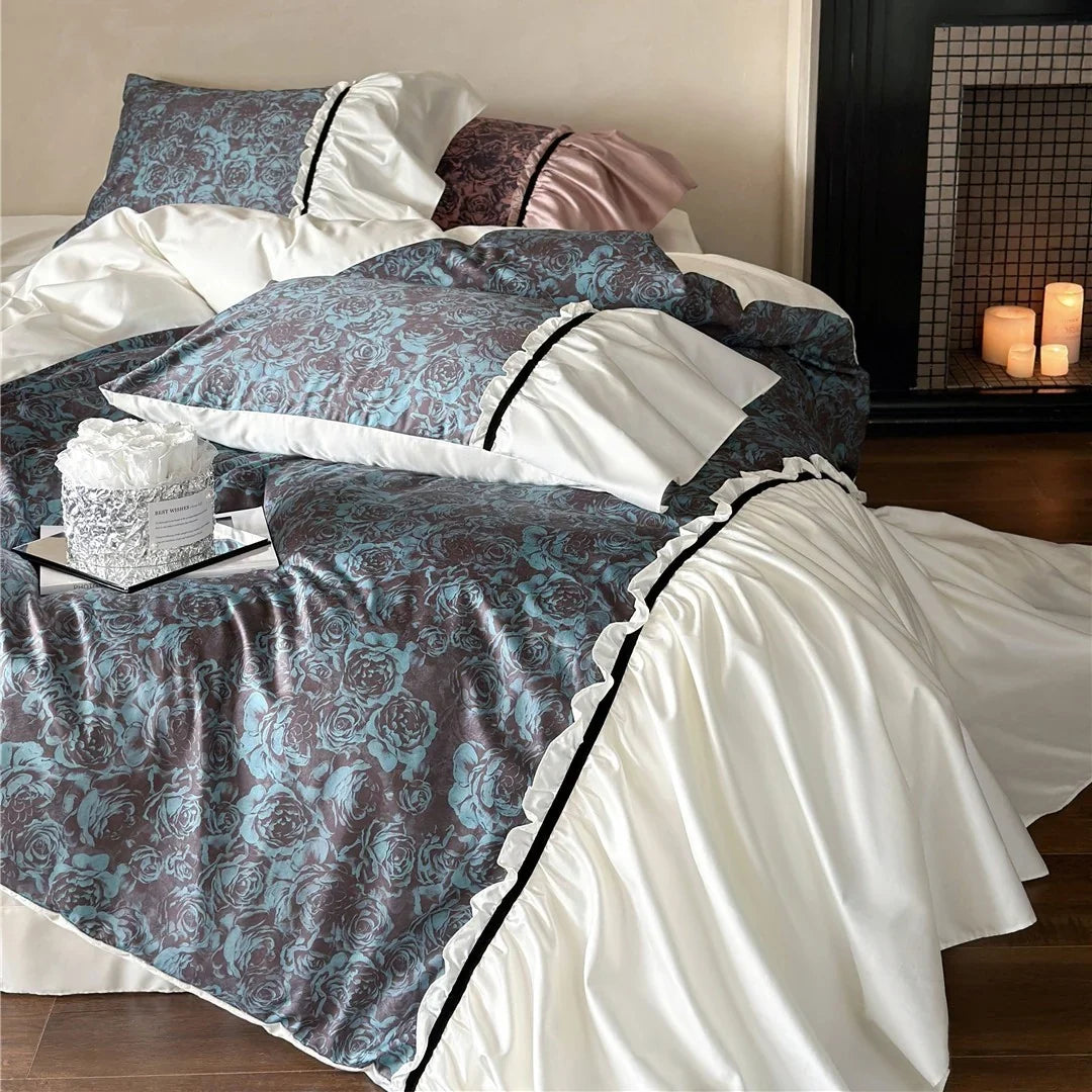 Duvet Cover Set Reversible Floral Jacquard & Velvet Piping