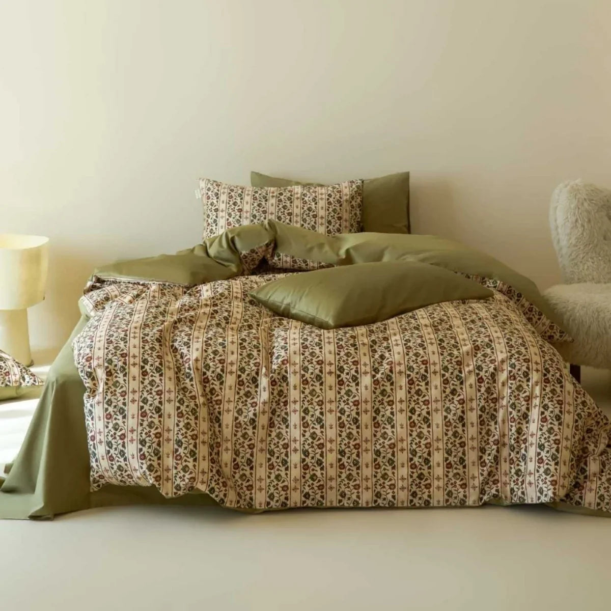 Duvet Cover Set Reversible Floral Stripe & Solid Long-Staple Cotton