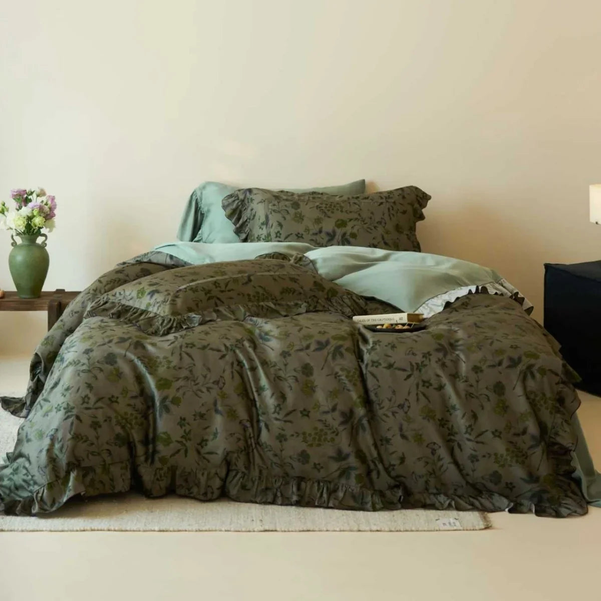 Duvet Cover Set Reversible Floral Stripe & Solid Long-Staple Cotton