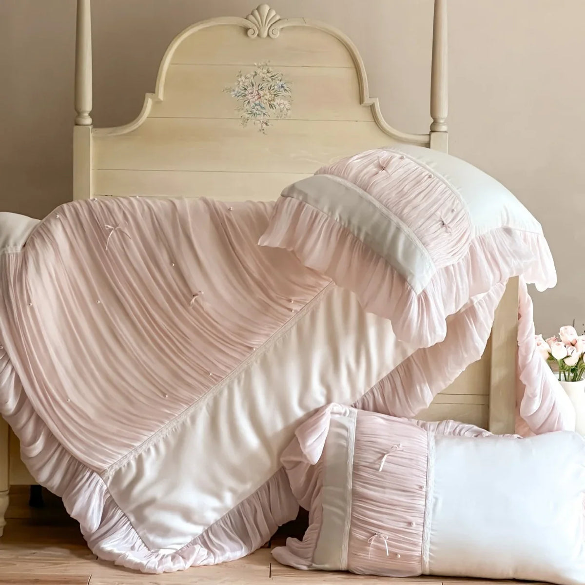 Duvet Cover Set Ruffle & Pleat Pearl Accents