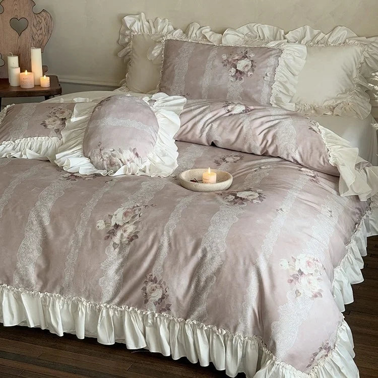 Duvet Cover Set Ruffled Floral Lace Breathable Cotton Blend
