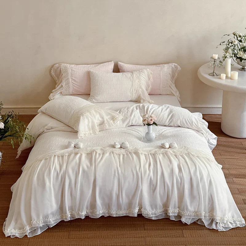 Duvet Cover Set Ruffled Lace Trim Machine Washable