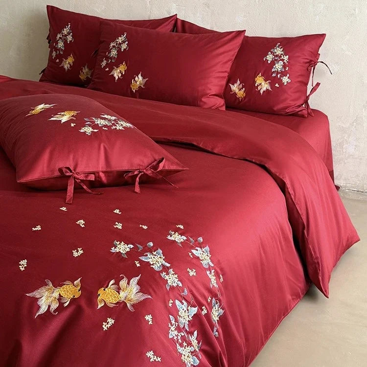 Duvet Cover Set Satin Embroidered Floral & Fish