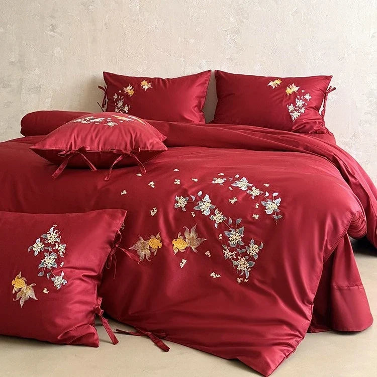 Duvet Cover Set Satin Embroidered Floral & Fish