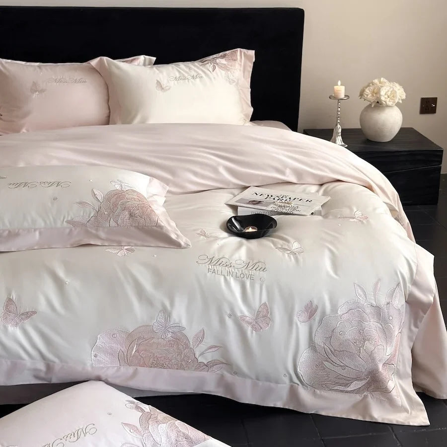 Duvet Cover Set Satin Embroidered Rose & Butterfly