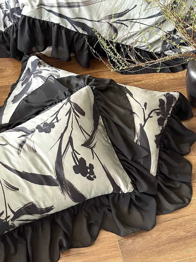 Duvet Cover Set Satin-Finish Large Floral & Chiffon Ruffles
