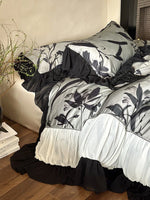 Duvet Cover Set Satin-Finish Large Floral & Chiffon Ruffles