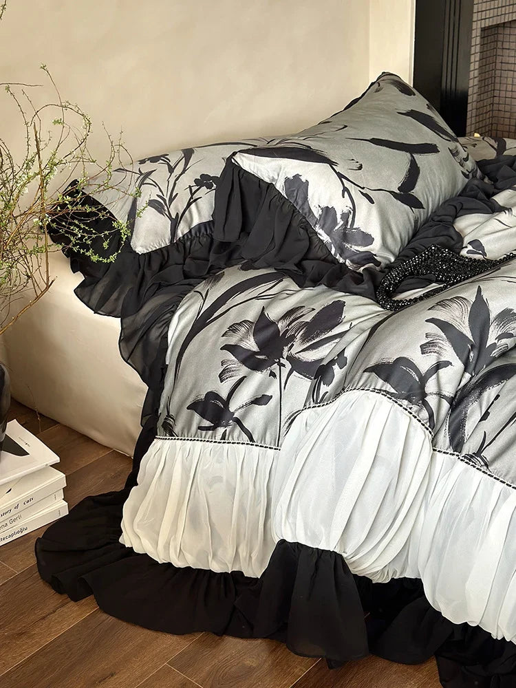 Duvet Cover Set Satin-Finish Large Floral & Chiffon Ruffles