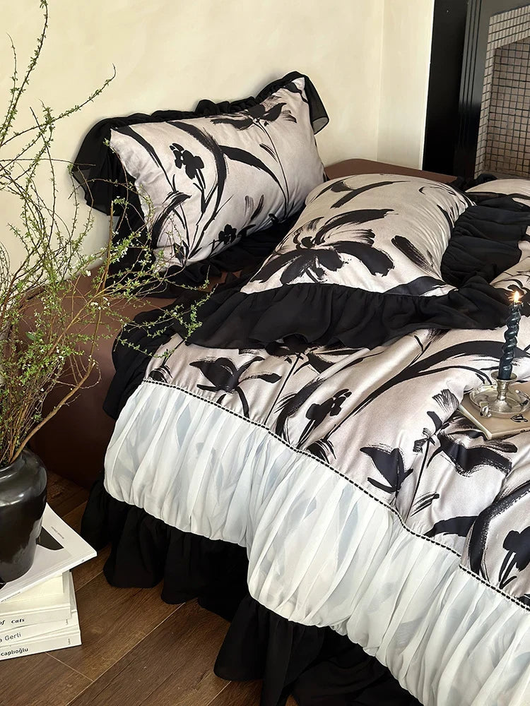 Duvet Cover Set Satin-Finish Large Floral & Chiffon Ruffles