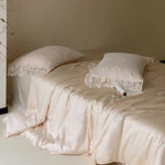 Duvet Cover Set Satin Floral Embroidery & Lace Trim
