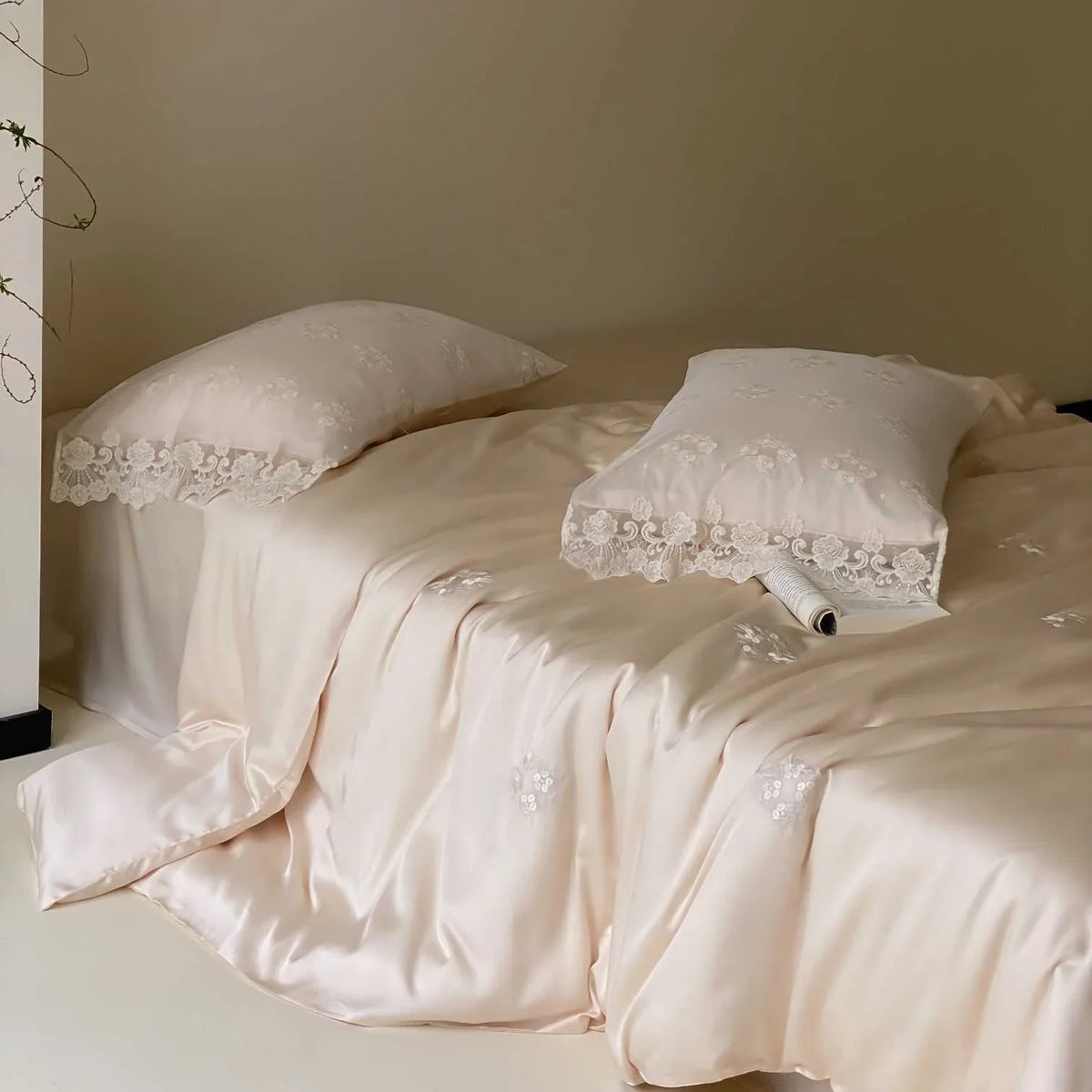 Duvet Cover Set Satin Floral Embroidery & Lace Trim