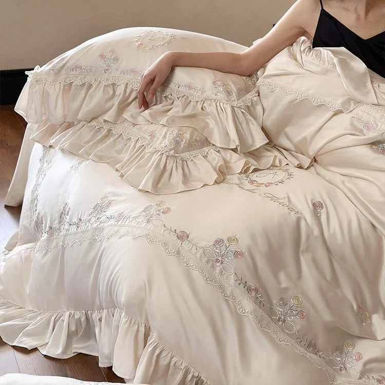 Duvet Cover Set Satin Floral Embroidery & Ruffle Trim
