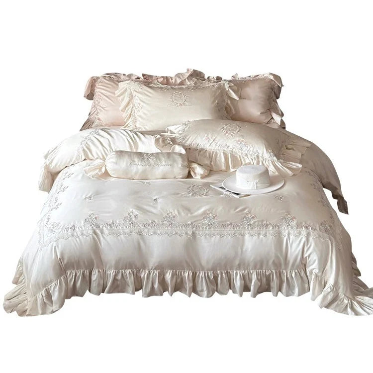 Duvet Cover Set Satin Floral Embroidery & Ruffle Trim