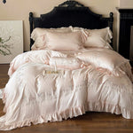Duvet Cover Set Satin Floral Embroidery & Ruffle Trim