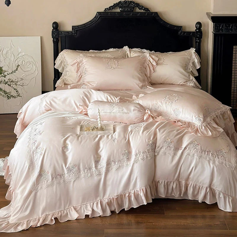 Duvet Cover Set Satin Floral Embroidery & Ruffle Trim