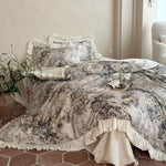 Duvet Cover Set Satin Floral Jacquard & Gathered Ruffles