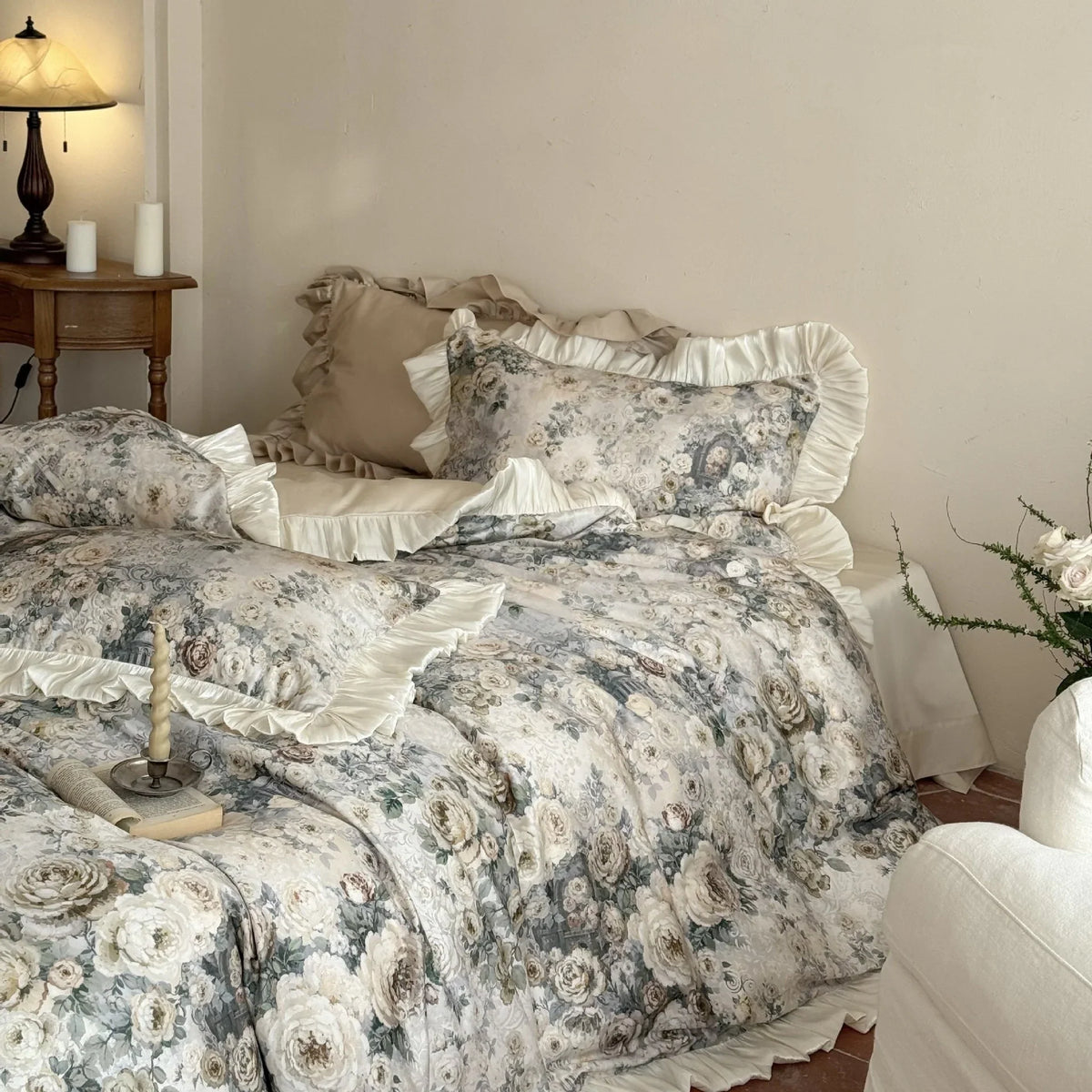 Duvet Cover Set Satin Floral Jacquard & Gathered Ruffles