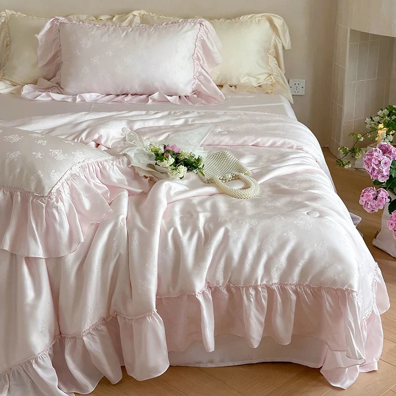 Duvet Cover Set Satin Jacquard Floral Ruffled Edges