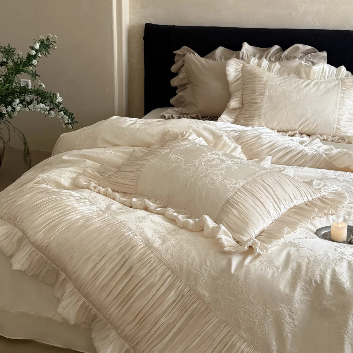Duvet Cover Set Satin Jacquard Pleated Ruffles Machine Washable
