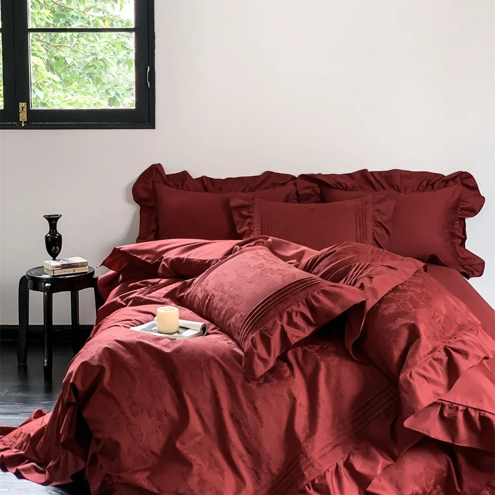 Duvet Cover Set Satin Jacquard Relief Ruffle & Piping Six-Piece