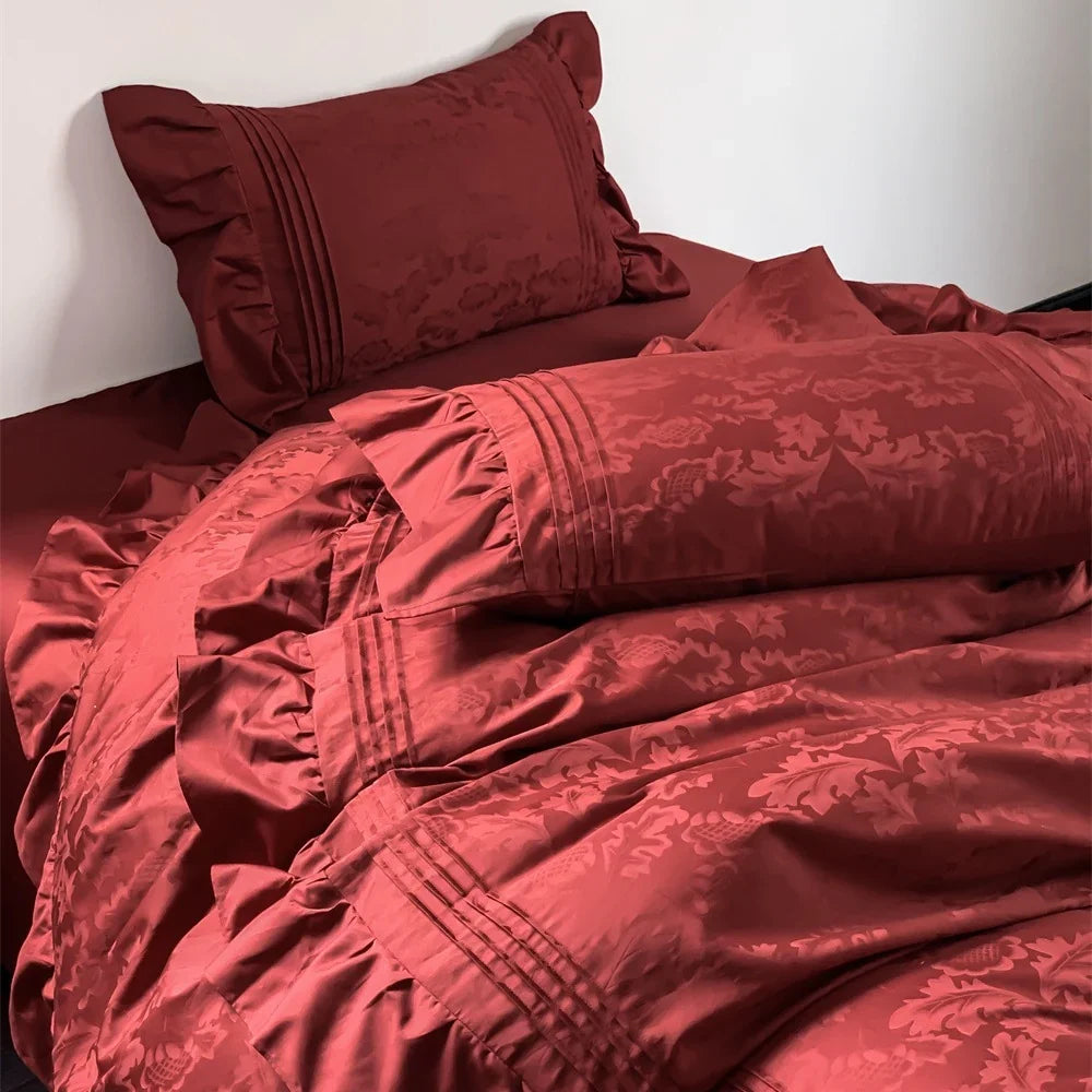 Duvet Cover Set Satin Jacquard Relief Ruffle & Piping Six-Piece